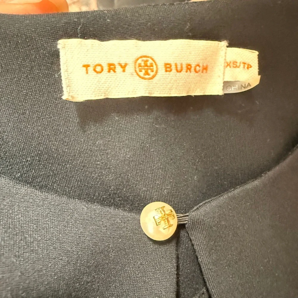 Tory Burch Black Knit Rory Long Sleeve Keyhole Mini Dress Logo Pearl Button XS